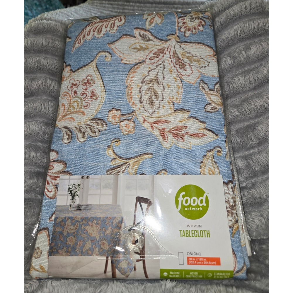 Food Network Woven Tablecloth Oblong 60x120 Blue Jacobean Floral Paisley New